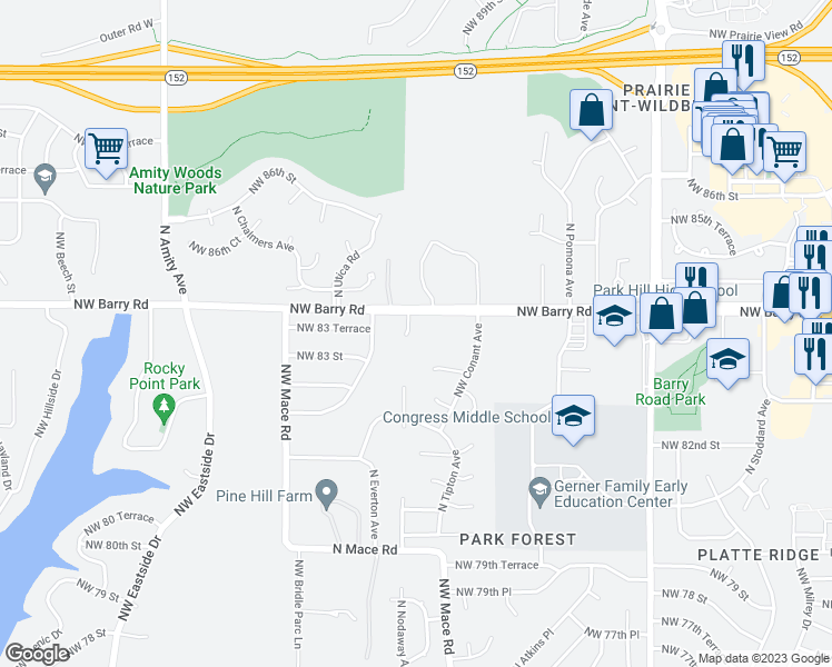 map of restaurants, bars, coffee shops, grocery stores, and more near 8309 North Nodaway Avenue in Kansas City