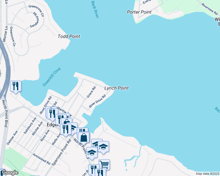 map of restaurants, bars, coffee shops, grocery stores, and more near 7118 River Drive Road in Sparrows Point