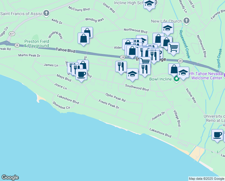 map of restaurants, bars, coffee shops, grocery stores, and more near 837 Southwood Boulevard in Incline Village