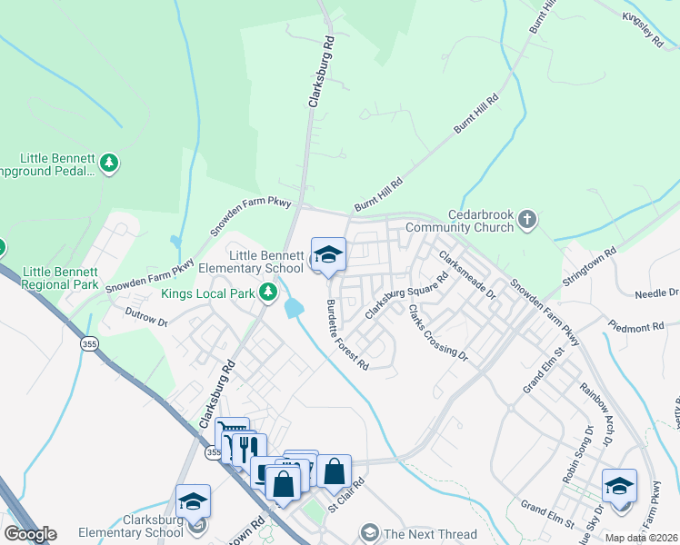 map of restaurants, bars, coffee shops, grocery stores, and more near 23937 Burdette Forest Road in Clarksburg