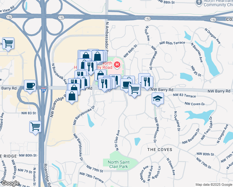 map of restaurants, bars, coffee shops, grocery stores, and more near 5903 Northwest Barry Road in Kansas City