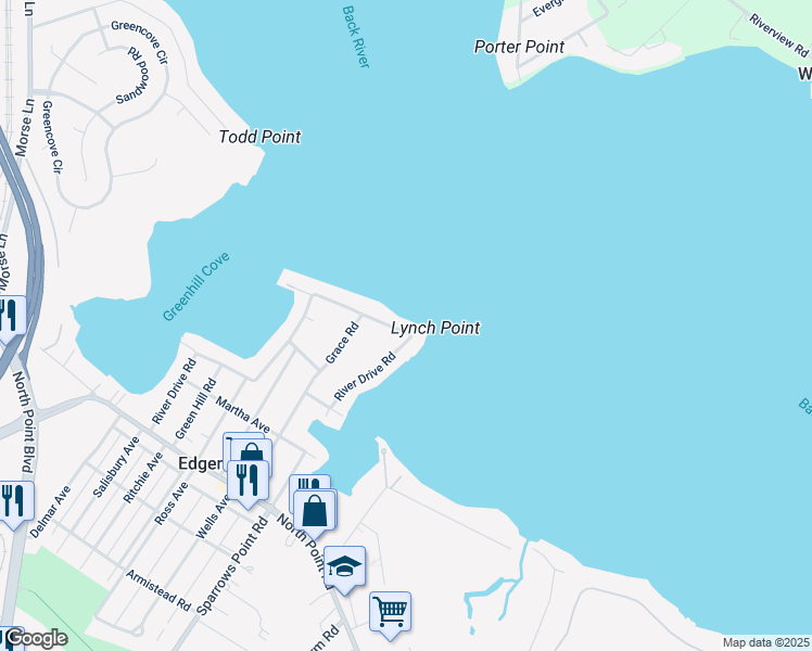 map of restaurants, bars, coffee shops, grocery stores, and more near 7118 River Drive Road in Sparrows Point