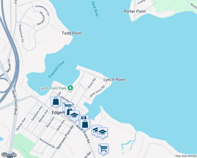 map of restaurants, bars, coffee shops, grocery stores, and more near 7105 River Drive Road in Sparrows Point