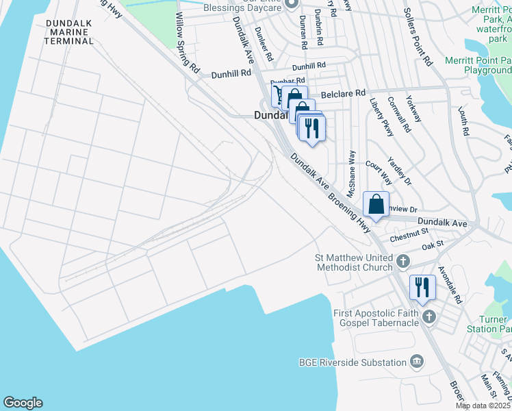 map of restaurants, bars, coffee shops, grocery stores, and more near 15th Street in Dundalk