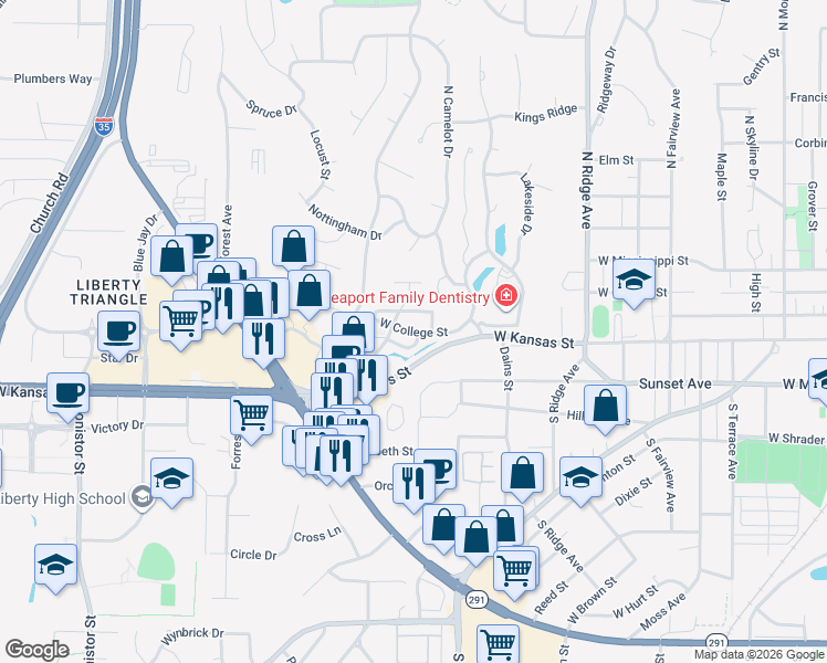 map of restaurants, bars, coffee shops, grocery stores, and more near 8 Westowne Drive in Liberty