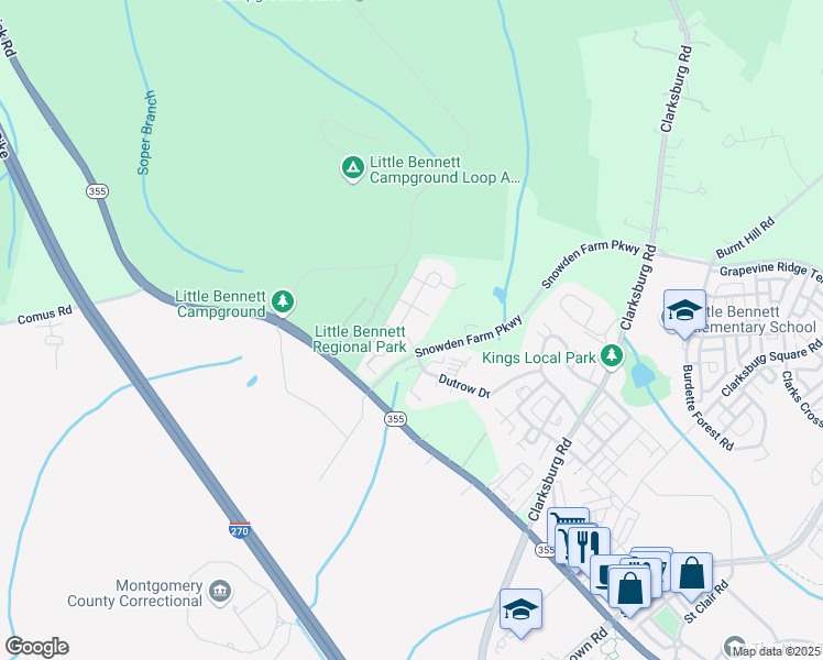 map of restaurants, bars, coffee shops, grocery stores, and more near 13519 Wood Crest Manor Way in Clarksburg