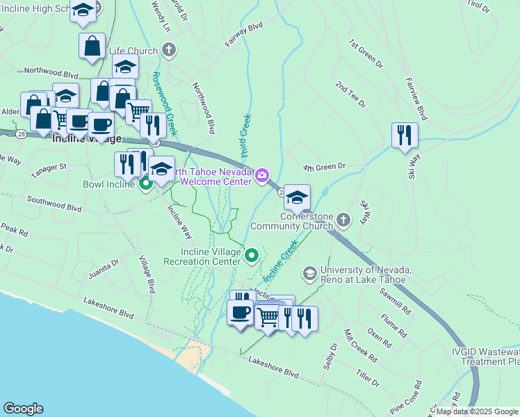 map of restaurants, bars, coffee shops, grocery stores, and more near 277 Deer Court in Incline Village