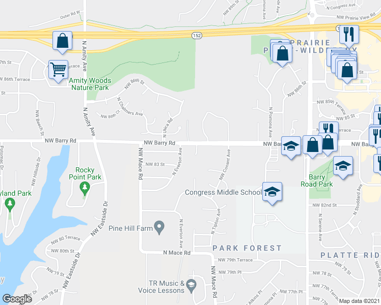 map of restaurants, bars, coffee shops, grocery stores, and more near 8314 North Nodaway Avenue in Kansas City