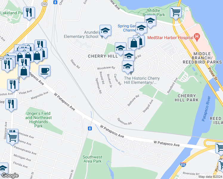 map of restaurants, bars, coffee shops, grocery stores, and more near 2857 Bookert Drive in Baltimore