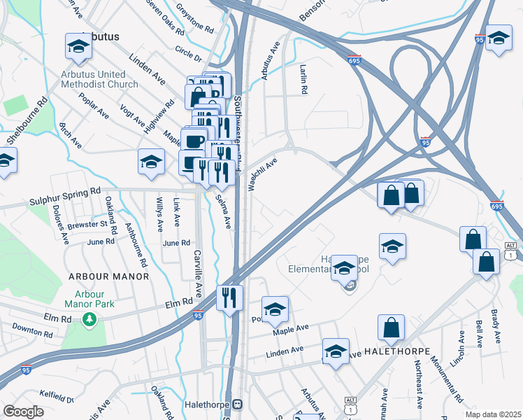 map of restaurants, bars, coffee shops, grocery stores, and more near 24 Colony Hill Court in Halethorpe