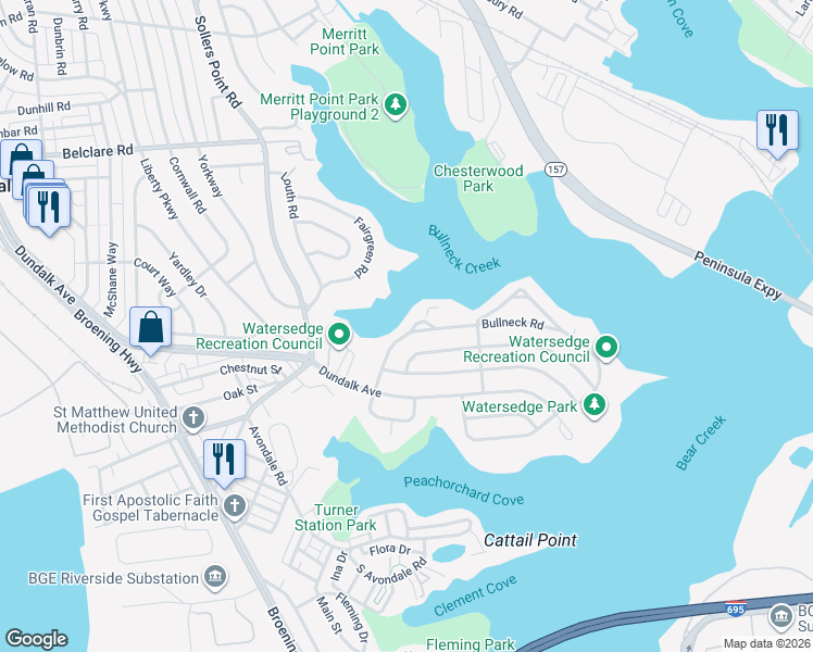 map of restaurants, bars, coffee shops, grocery stores, and more near 8126 Bullneck Road in Dundalk