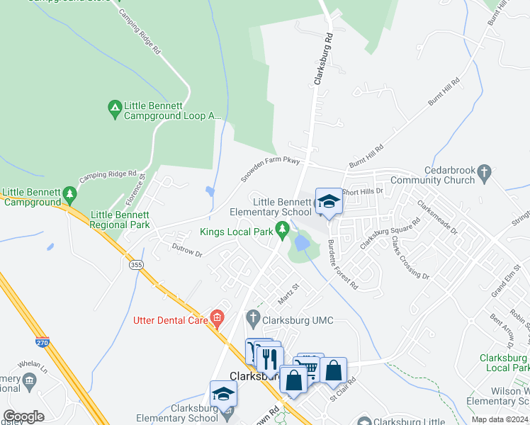 map of restaurants, bars, coffee shops, grocery stores, and more near 13299 Windsong Lane in Clarksburg