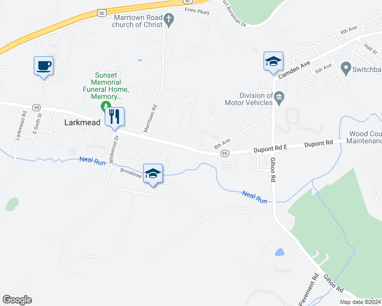 map of restaurants, bars, coffee shops, grocery stores, and more near 1521 Dupont Road in Parkersburg