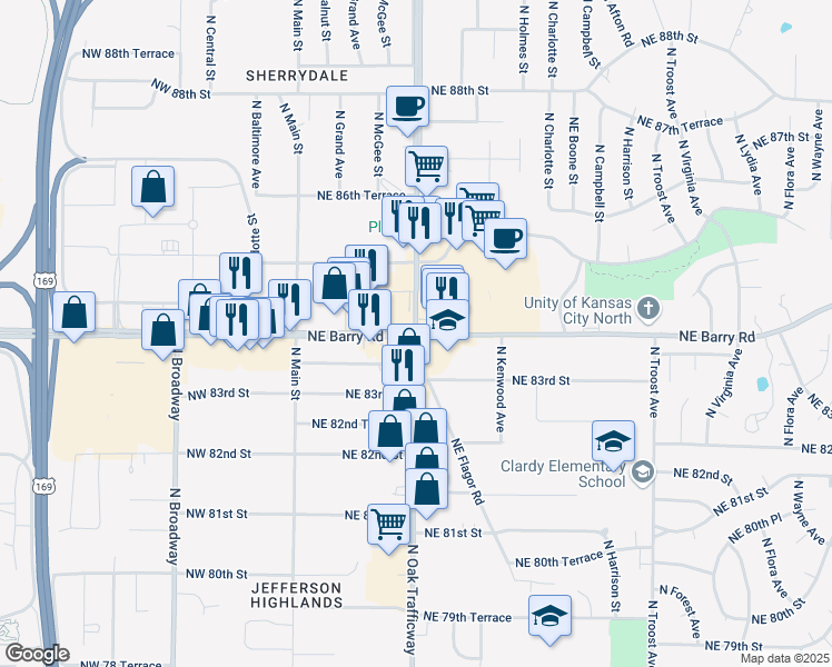 map of restaurants, bars, coffee shops, grocery stores, and more near N Oak Trafficway & NE Barry Rd in Kansas City