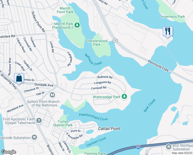 map of restaurants, bars, coffee shops, grocery stores, and more near 7716 Northview Road in Dundalk