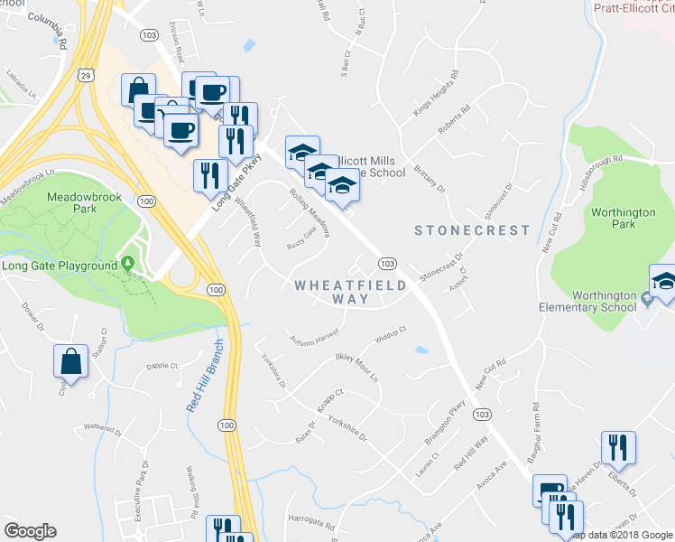 map of restaurants, bars, coffee shops, grocery stores, and more near 8579 Harvest View Road in Ellicott City