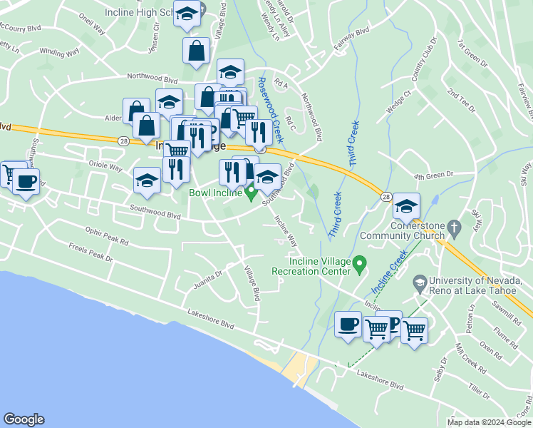 map of restaurants, bars, coffee shops, grocery stores, and more near 935 Incline Way in Incline Village