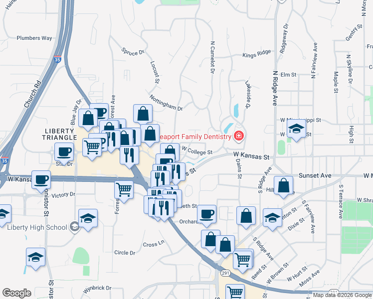 map of restaurants, bars, coffee shops, grocery stores, and more near 5 Westowne Drive in Liberty