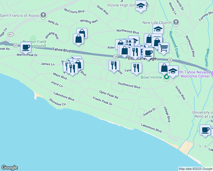 map of restaurants, bars, coffee shops, grocery stores, and more near 838 Ophir Peak Road in Incline Village