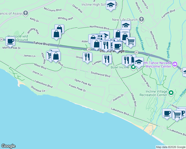 map of restaurants, bars, coffee shops, grocery stores, and more near 32 Creekside Drive in Incline Village