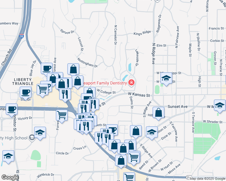 map of restaurants, bars, coffee shops, grocery stores, and more near 1136 West College Street in Liberty