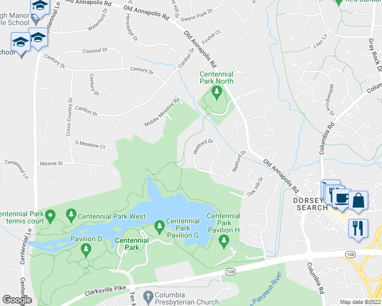 map of restaurants, bars, coffee shops, grocery stores, and more near 8619 Wellford Drive in Ellicott City
