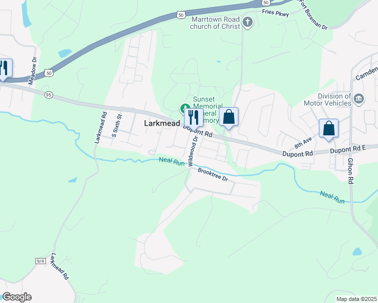 map of restaurants, bars, coffee shops, grocery stores, and more near 225 Wildwood Drive in Parkersburg