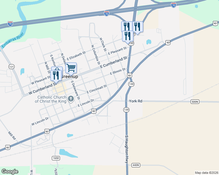map of restaurants, bars, coffee shops, grocery stores, and more near 341-399 South Columbia Street in Greenup