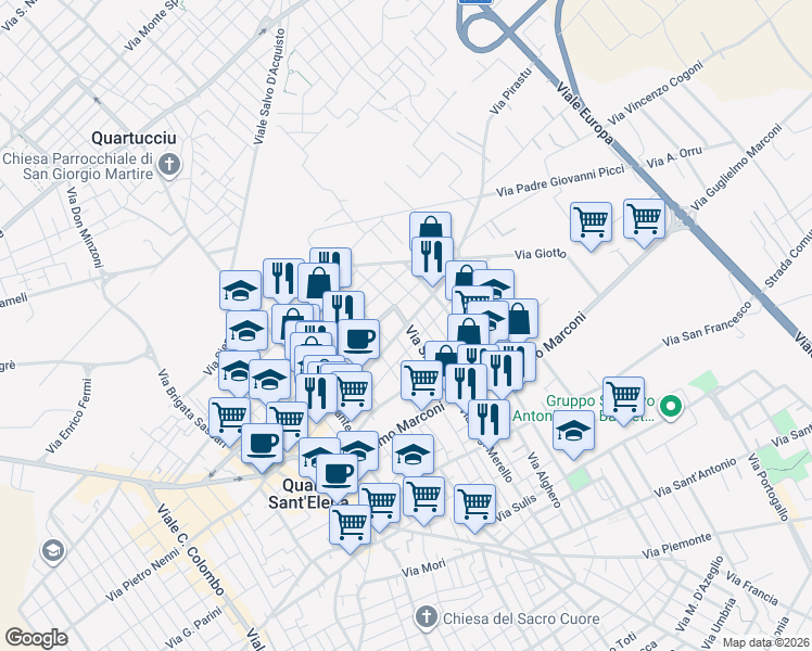 map of restaurants, bars, coffee shops, grocery stores, and more near 16 Via Mentana in Quartu Sant'Elena