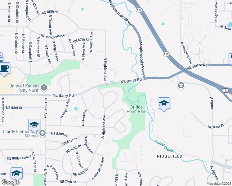 map of restaurants, bars, coffee shops, grocery stores, and more near 4302 Northeast 83rd Terrace in Kansas City