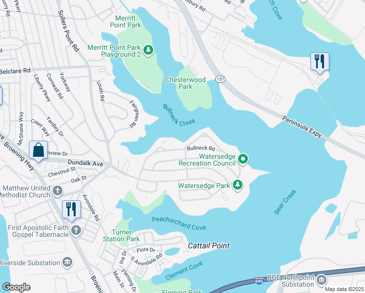 map of restaurants, bars, coffee shops, grocery stores, and more near 7716 Northview Road in Dundalk
