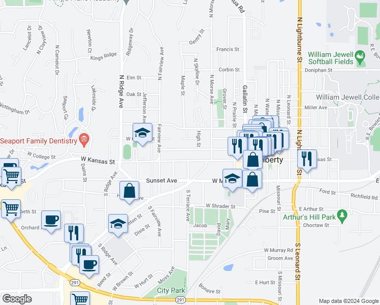 map of restaurants, bars, coffee shops, grocery stores, and more near 347 West Franklin Street in Liberty