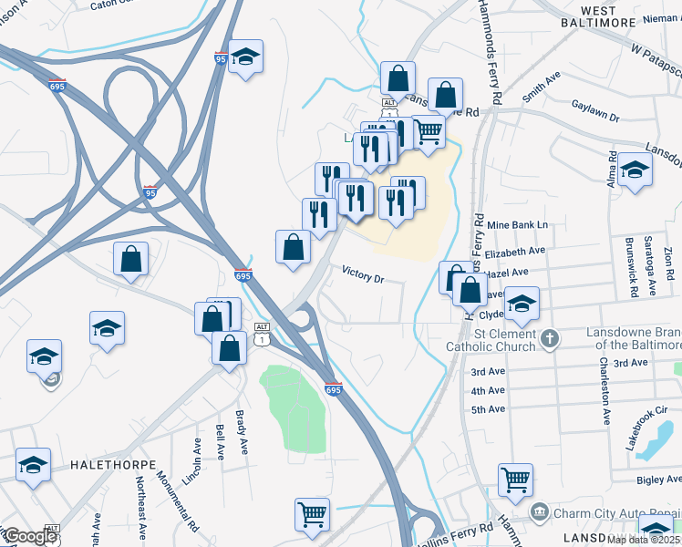 map of restaurants, bars, coffee shops, grocery stores, and more near 1912 Victory Drive in Halethorpe
