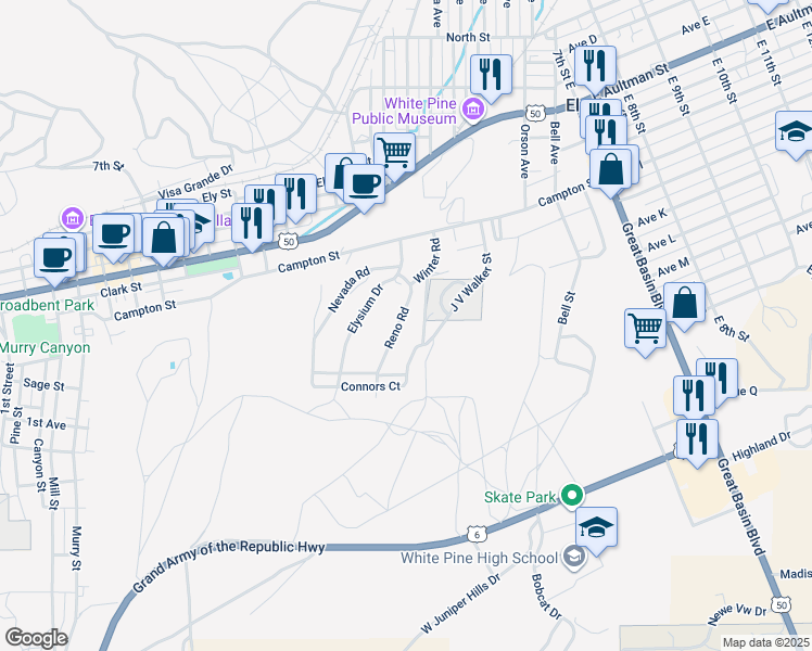 map of restaurants, bars, coffee shops, grocery stores, and more near 22 Reno Road in Ely