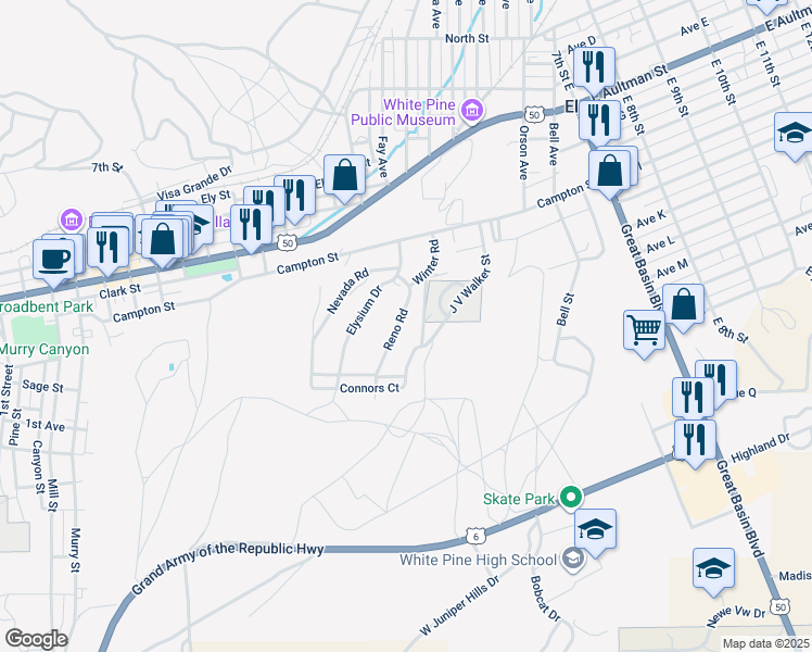 map of restaurants, bars, coffee shops, grocery stores, and more near 22 Reno Road in Ely