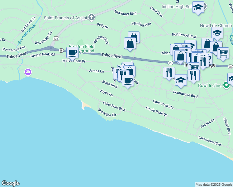 map of restaurants, bars, coffee shops, grocery stores, and more near 773 Joyce Lane in Incline Village