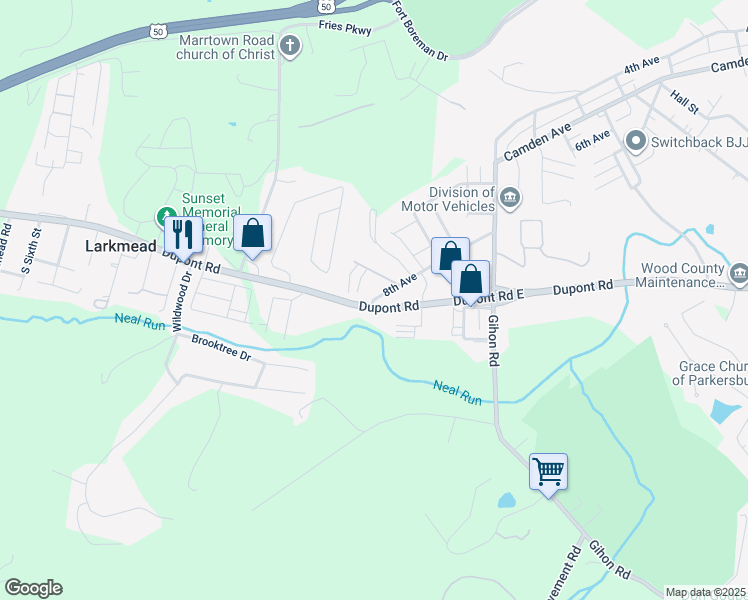 map of restaurants, bars, coffee shops, grocery stores, and more near 203 West Virginia 95 in Parkersburg