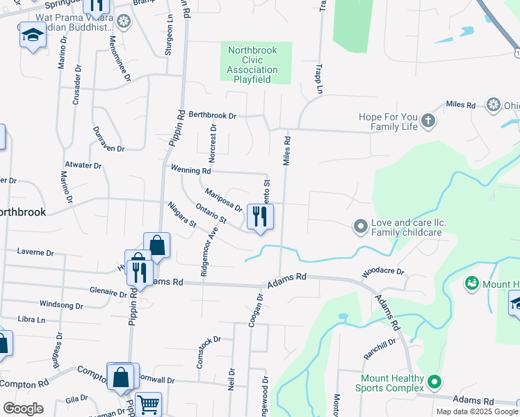 map of restaurants, bars, coffee shops, grocery stores, and more near 9647 Sacramento Street in Cincinnati