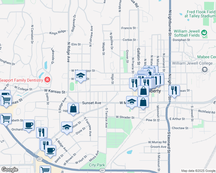 map of restaurants, bars, coffee shops, grocery stores, and more near 401 West Kansas Street in Liberty