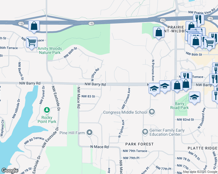 map of restaurants, bars, coffee shops, grocery stores, and more near 8332 North Nodaway Avenue in Kansas City