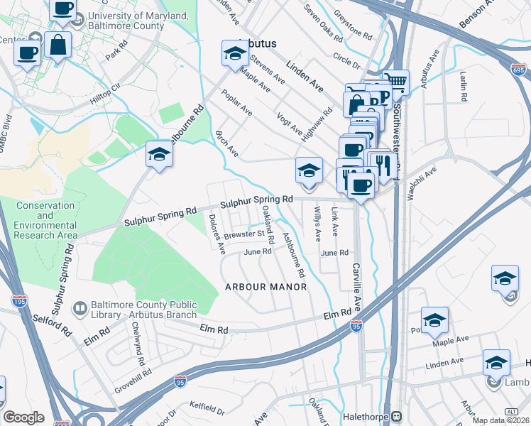 map of restaurants, bars, coffee shops, grocery stores, and more near 5496 Oakland Road in Halethorpe