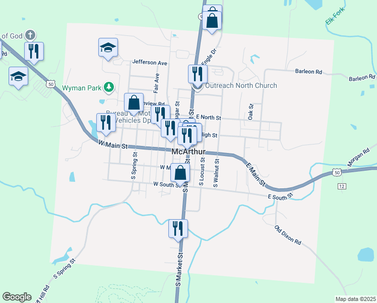map of restaurants, bars, coffee shops, grocery stores, and more near in McArthur