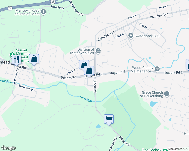 map of restaurants, bars, coffee shops, grocery stores, and more near 203 West Virginia 95 in Parkersburg