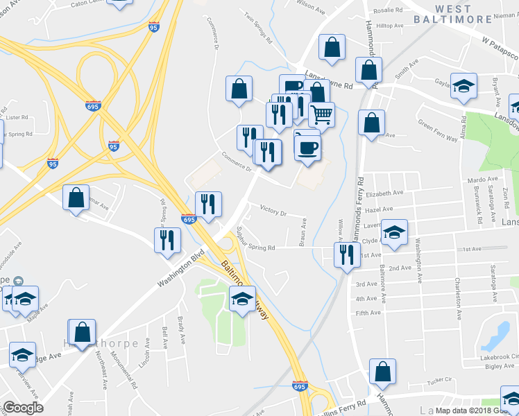 map of restaurants, bars, coffee shops, grocery stores, and more near 1912 Victory Drive in Halethorpe