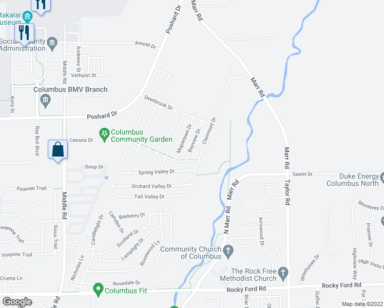 map of restaurants, bars, coffee shops, grocery stores, and more near 4655 Bayview Drive in Columbus