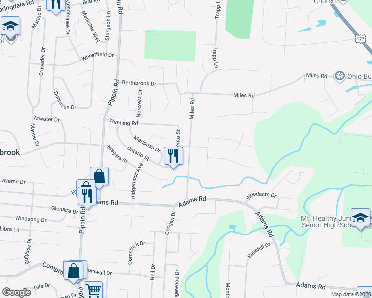 map of restaurants, bars, coffee shops, grocery stores, and more near 2317 Miles Road in Cincinnati