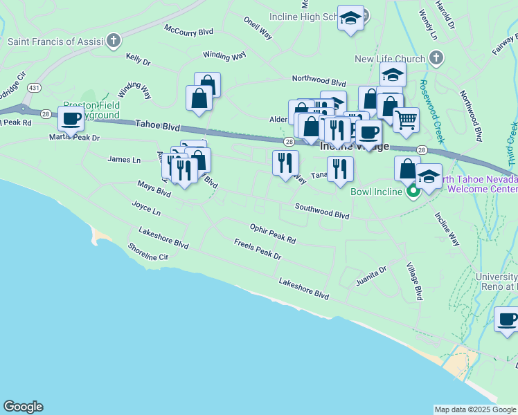 map of restaurants, bars, coffee shops, grocery stores, and more near 838 Ophir Peak Road in Incline Village