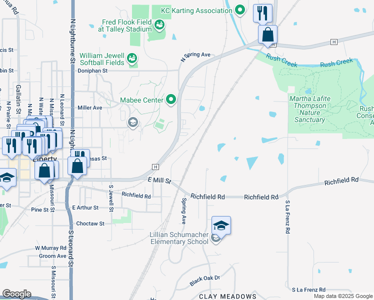 map of restaurants, bars, coffee shops, grocery stores, and more near 27 Cherry Street in Liberty