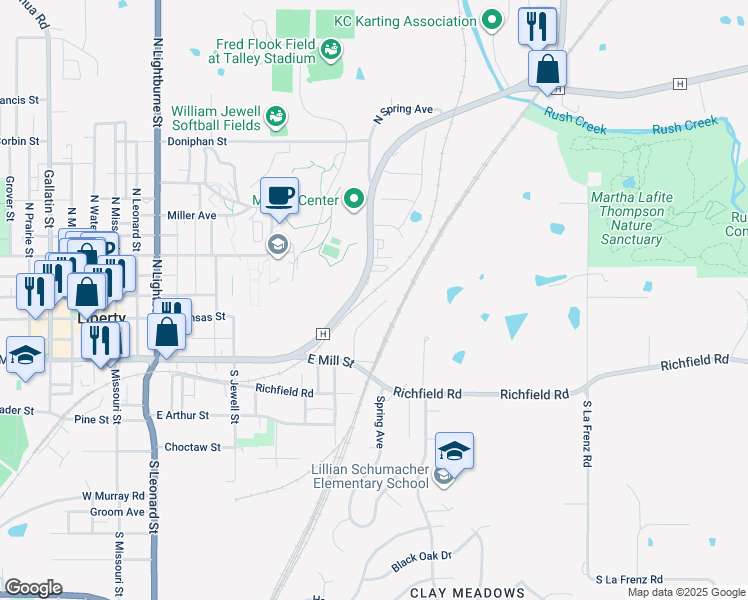 map of restaurants, bars, coffee shops, grocery stores, and more near 27 Cherry Street in Liberty