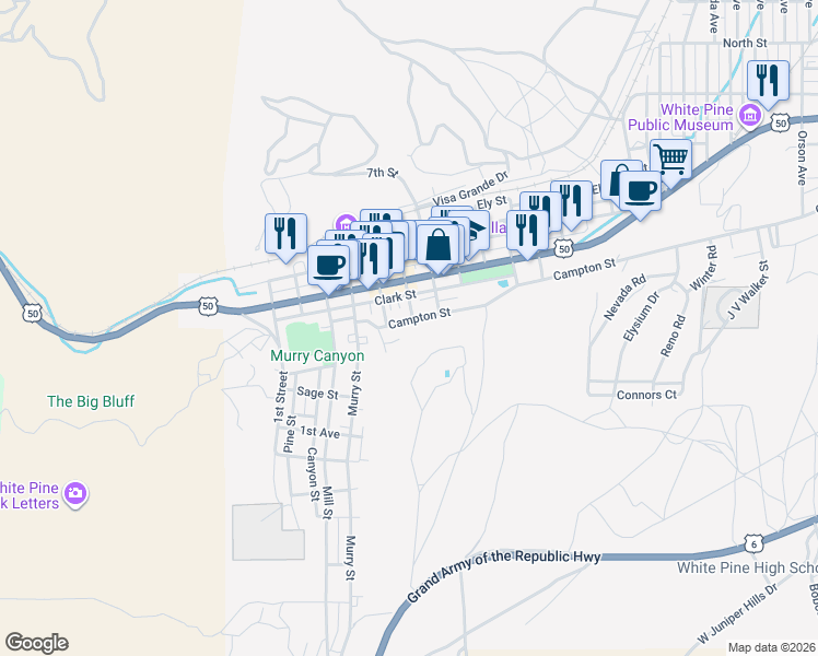 map of restaurants, bars, coffee shops, grocery stores, and more near 591 Campton Street in Ely